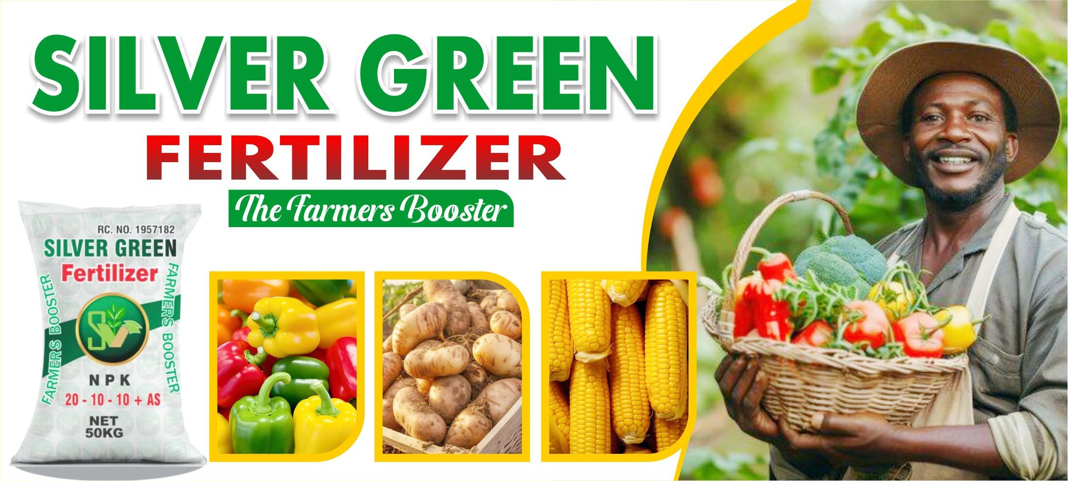 Silver Green NPK 20-10-10+AS 50kg fertilizer bag with a farmer holding fresh produce